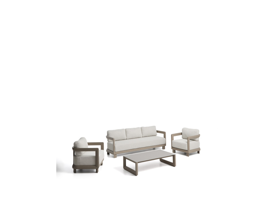 Nerano-Set mit 3-Sitzer-Sofa, 2 Sesseln und Couchtisch aus gehärtetem Glas und taupefarbenem Aluminium