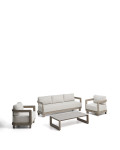 Nerano-Set mit 3-Sitzer-Sofa, 2 Sesseln und Couchtisch aus gehärtetem Glas und taupefarbenem Aluminium