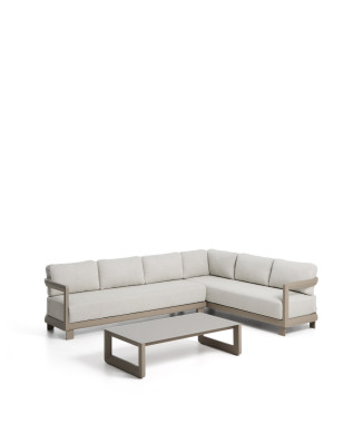 Nerano-Set mit 5-Sitzer-Ecksofa und Couchtisch aus gehärtetem Glas und taupefarbenem Aluminium