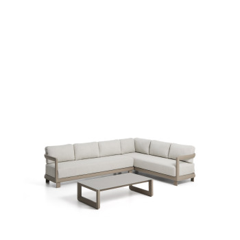 Nerano-Set mit 5-Sitzer-Ecksofa und Couchtisch aus gehärtetem Glas und taupefarbenem Aluminium