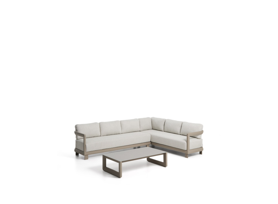 Nerano-Set mit 5-Sitzer-Ecksofa und Couchtisch aus gehärtetem Glas und taupefarbenem Aluminium