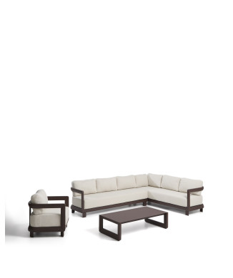 Nerano-Set mit 5-Sitzer-Ecksofa, Sessel und Couchtisch aus gehärtetem Glas und braunem Aluminium