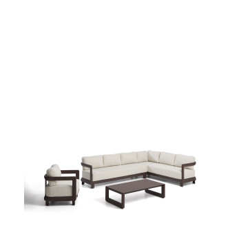 Nerano-Set mit 5-Sitzer-Ecksofa, Sessel und Couchtisch aus gehärtetem Glas und braunem Aluminium