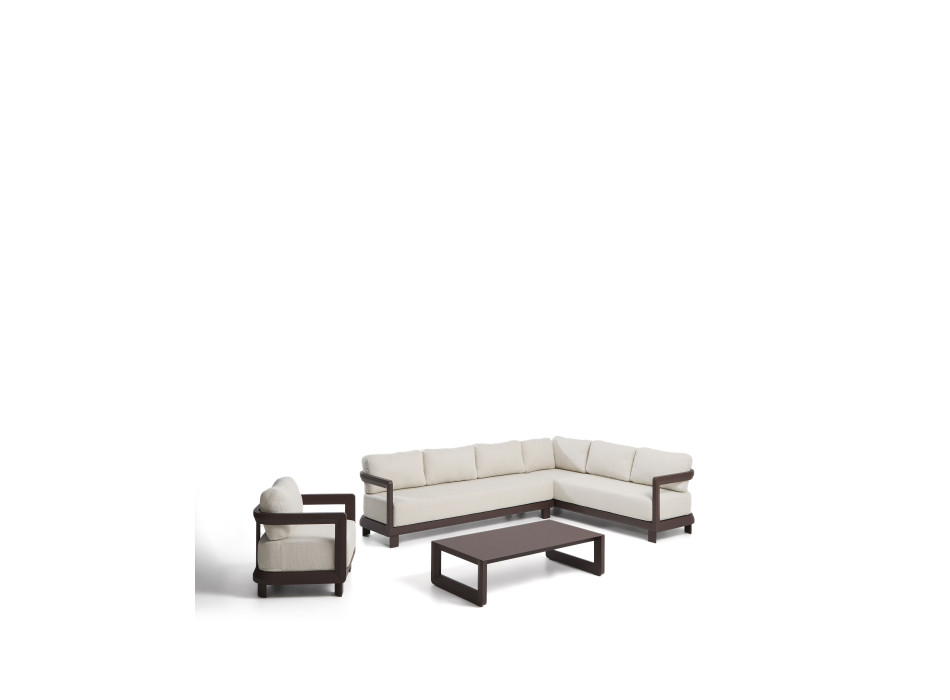 Nerano-Set mit 5-Sitzer-Ecksofa, Sessel und Couchtisch aus gehärtetem Glas und braunem Aluminium