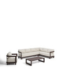 Nerano-Set mit 5-Sitzer-Ecksofa, Sessel und Couchtisch aus gehärtetem Glas und braunem Aluminium