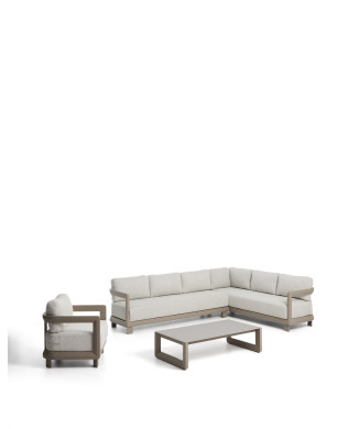 Nerano-Set mit 5-Sitzer-Ecksofa, Sessel und Couchtisch aus gehärtetem Glas und taupefarbenem Aluminium