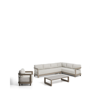 Nerano-Set mit 5-Sitzer-Ecksofa, Sessel und Couchtisch aus gehärtetem Glas und taupefarbenem Aluminium