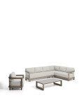 Nerano-Set mit 5-Sitzer-Ecksofa, Sessel und Couchtisch aus gehärtetem Glas und taupefarbenem Aluminium