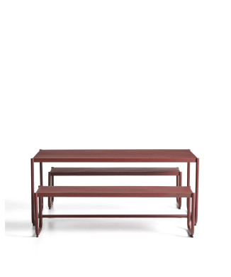 Sotil-Set, bestehend aus 2 Bänken und einem Tisch aus verzinktem Stahl mit granatroter Oberfläche, 183 x 83 cm