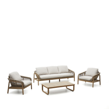 Vellana-Set bestehend aus 3-Sitzer-Sofa, 2 Sesseln und Couchtisch aus Massivholz