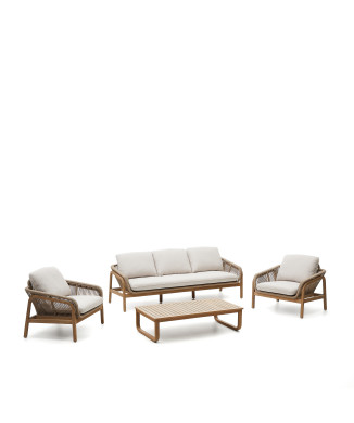 Vellana-Set bestehend aus 3-Sitzer-Sofa, 2 Sesseln und Couchtisch aus Massivholz