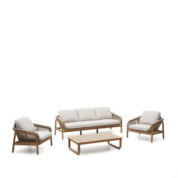 Vellana-Set bestehend aus 3-Sitzer-Sofa, 2 Sesseln und Couchtisch aus Massivholz