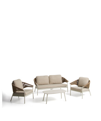 Zuara-Set mit 3-Sitzer-Sofa, 2 Sesseln und Gartentisch aus ecrufarbenem Aluminium und braunem Kunstseil