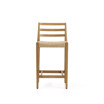 Analy-Hocker mit Rückenlehne aus massiver Eiche, naturfarbener Oberfläche und 65 cm Sitzfläche aus 100 % FSC-zertifiziertem Seil.