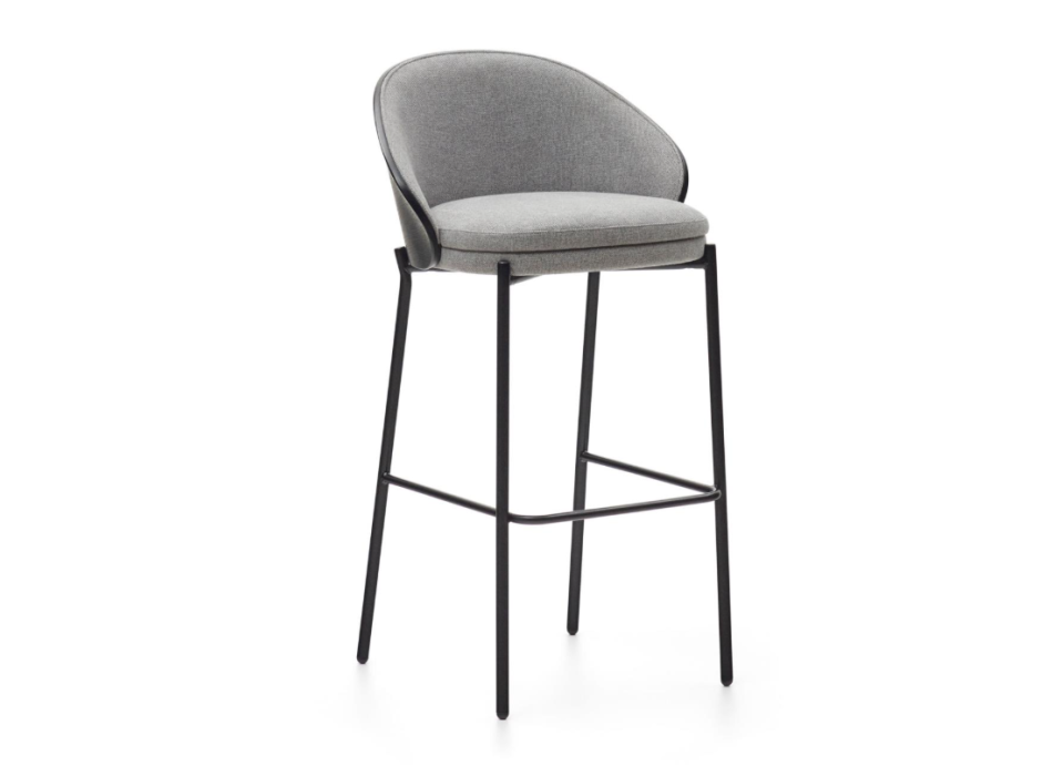 Eamy-Hocker aus hellgrauem Chenille, Eschenfurnier, schwarzer Lackierung, schwarzem Metall, 75 cm