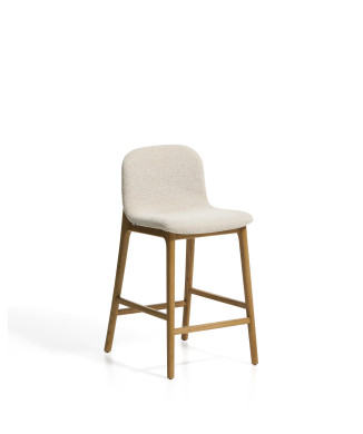 Elnor-Hocker aus beigefarbenem Chenille mit Beinen aus massiver Eiche in Naturfinish, 65 cm