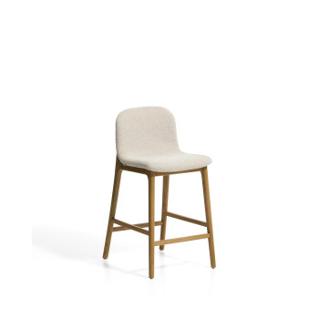Elnor-Hocker aus beigefarbenem Chenille mit Beinen aus massiver Eiche in Naturfinish, 65 cm