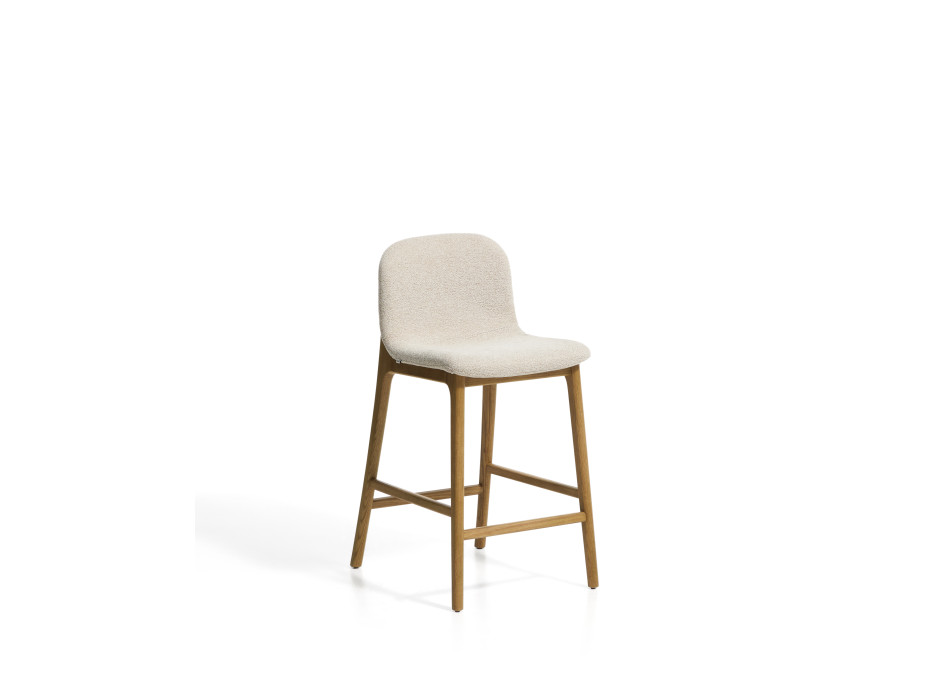 Elnor-Hocker aus beigefarbenem Chenille mit Beinen aus massiver Eiche in Naturfinish, 65 cm