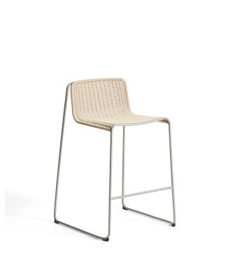 Stapelbarer Hocker Tavari aus beigefarbenem Kunstseil und gebürstetem Edelstahl AISI 304, 75 cm