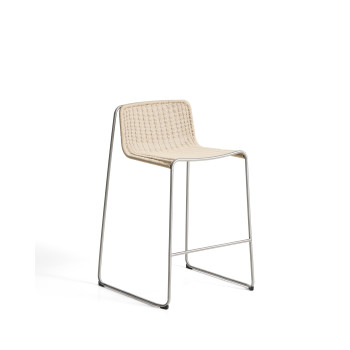 Stapelbarer Hocker Tavari aus beigefarbenem Kunstseil und gebürstetem Edelstahl AISI 304, 75 cm
