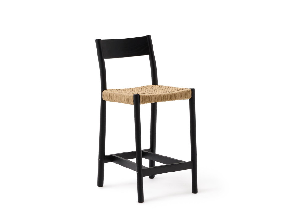 Yalia Hocker mit Rückenlehne aus massiver Eiche mit schwarzem Finish und 6 cm Seilsitz