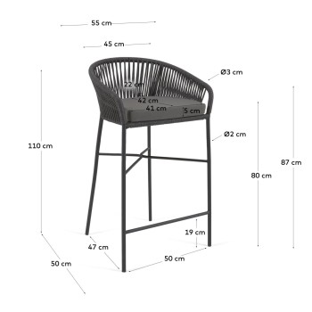 Yanet Hocker aus schwarzem Seil, Höhe 80 cm
