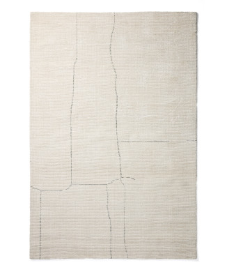 Lisdan-Teppich aus ecrufarbenen Kunstfasern mit grünem grafischem Detail, 200 x 300 cm