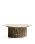 Orosei Outdoor-Couchtisch aus Sinterstein, ecrufarbenem Aluminium und beigefarbenem Seil, Ø 90 cm