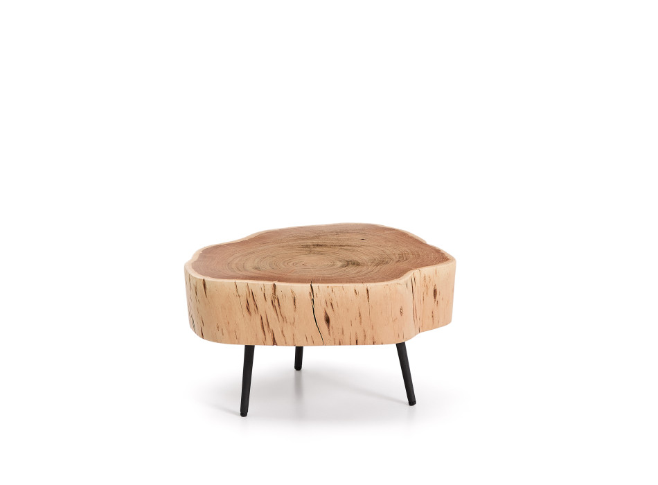 Couchtisch Tavine aus massivem Akazienholz mit gebleichter Oberfläche und schwarzen Stahlbeinen, Ø 49 cm