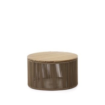 Dandara Couchtisch aus Stahl, beigefarbenem Seil und Beinen aus massivem Akazienholz, Ø 70 cm, FSC 100 %