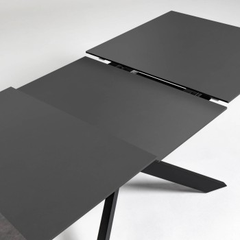 Ausziehbarer Tisch Atminda aus Glas mit Stahlbeinen, schwarzes Finish, 160 (210) x 90 cm