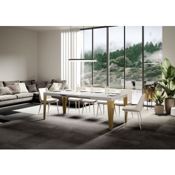 Flame Gold Tisch - Ausziehtisch 90x160/264 cm Flame Weiß Esche Goldrahmen