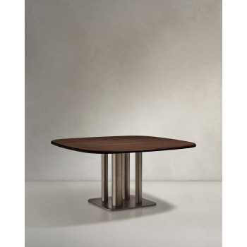 Melvar Tisch in Walnussfurnier und Beinen mit Sockel aus gebürstetem Edelstahl 121 x 121 cm