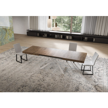 Niket-Tisch mit weißen Beinen und 2 Verlängerungen, T.80 cm - Ausziehbarer Tisch 80x160/244 cm Niket, Esche weiß, mit weißen Beinen