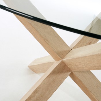 Lotus runder Tisch aus Glas und Holzbeinen, Masian Glas, Holzbeine