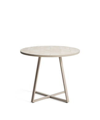 Runder Tisch Tella aus verzinktem Stahl und beigefarbenen Fliesen, Ø 90 cm