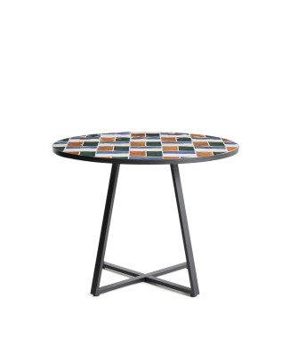 Runder Tisch Tella aus graphitfarbenem, verzinktem Stahl und mehrfarbigen Fliesen, Ø 120 cm
