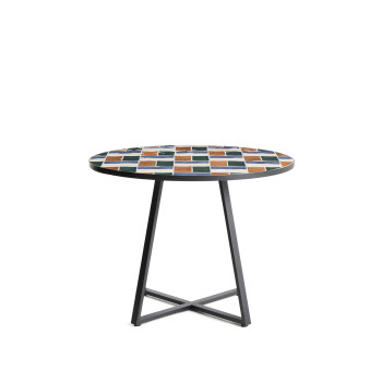 Runder Tisch Tella aus graphitfarbenem, verzinktem Stahl und mehrfarbigen Fliesen, Ø 120 cm