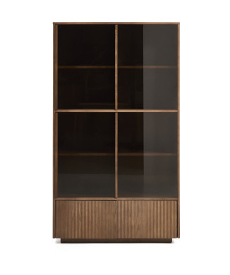 Helvine Vitrine mit 4 Türen und 2 Schubladen in Eschenfurnier mit Walnussfinish und Sicherheitsglas, 100 x 174 cm, FSC 100 %
